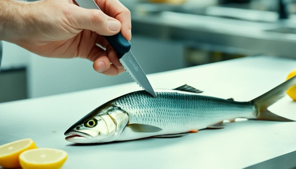 Initial cut in fish filleting technique