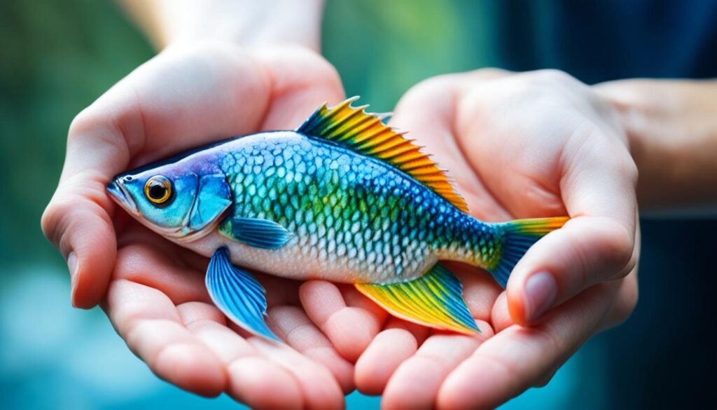 Wet hands handling fish